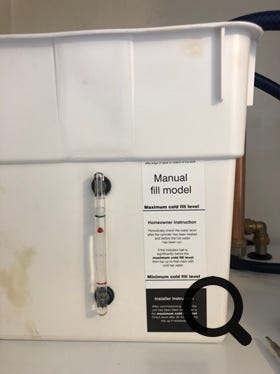 Pulsacoil Stainless header tank showing water level sight gauge